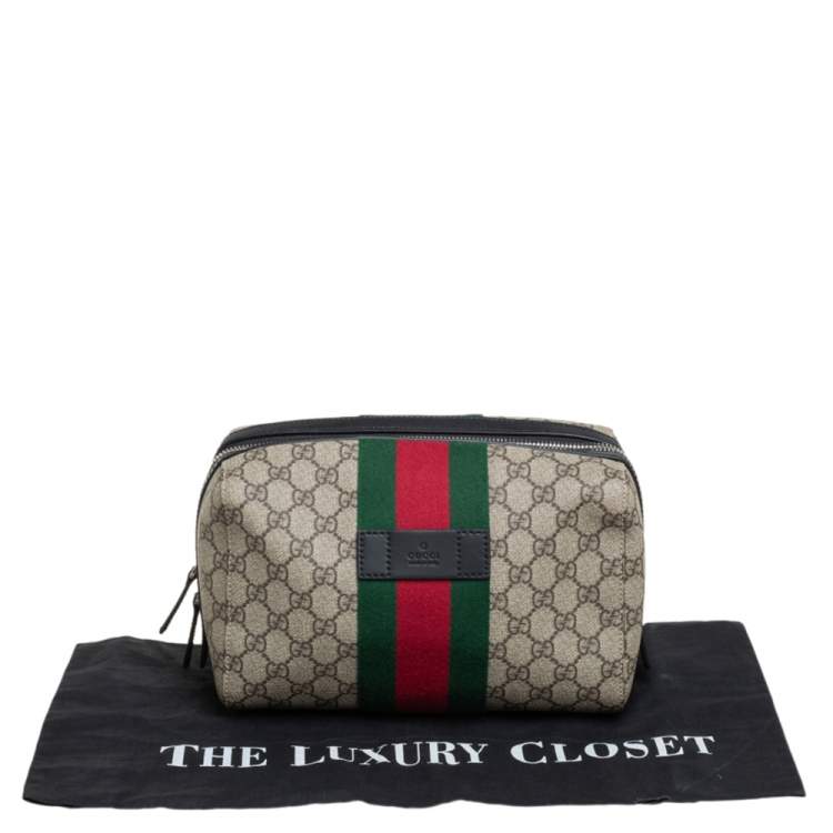 Pre Owned Gucci Black/Beige GG Supreme and Leather Web Toiletry Pouch