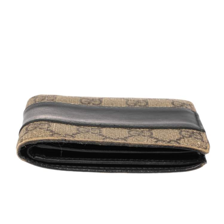 Pre Owned Gucci Black/Beige GG Supreme and Leather Bifold Wallet