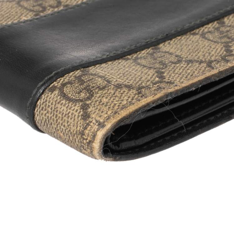 Pre Owned Gucci Black/Beige GG Supreme and Leather Bifold Wallet