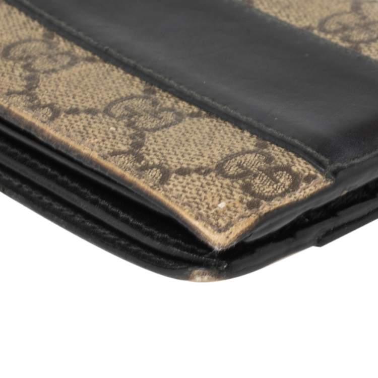 Pre Owned Gucci Black/Beige GG Supreme and Leather Bifold Wallet