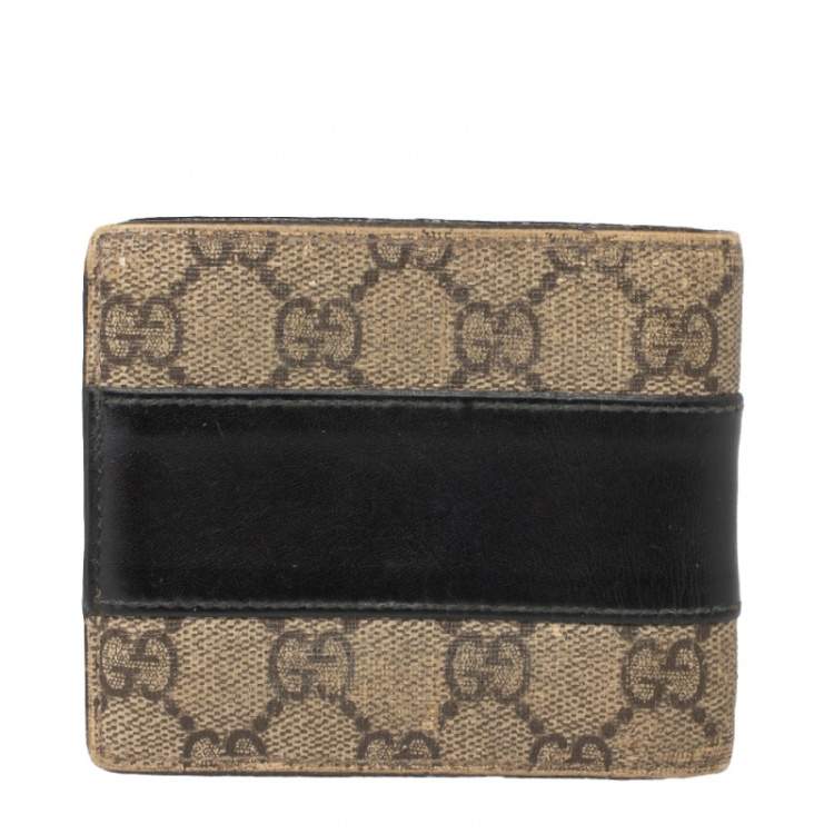 Pre Owned Gucci Black/Beige GG Supreme and Leather Bifold Wallet