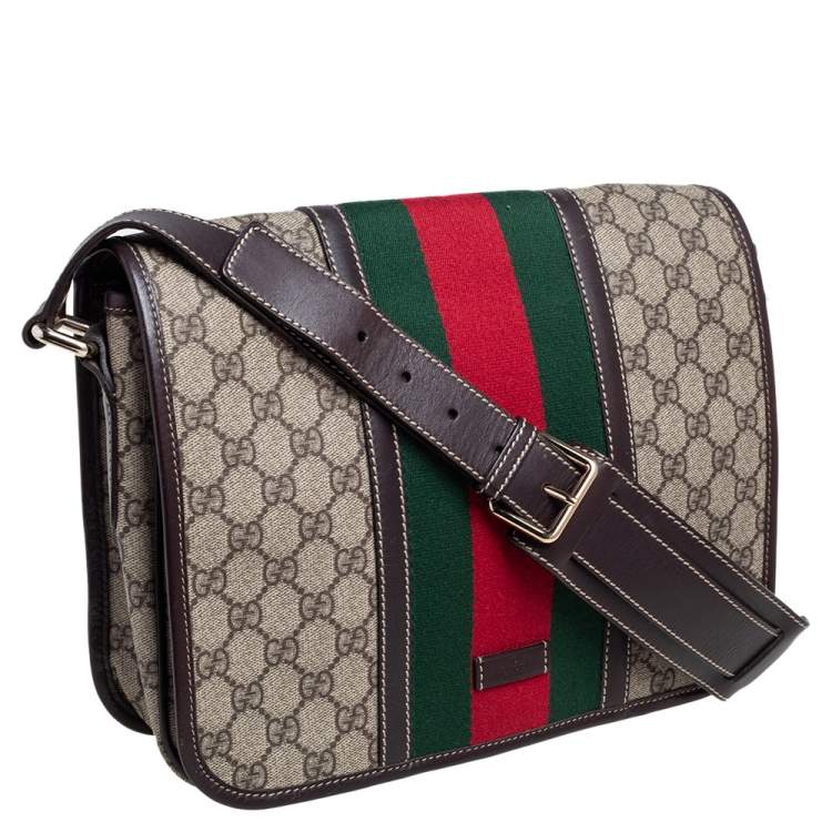 Pre Owned Gucci Brown/Beige GG Supreme Canvas and Leather Web Detail Messenger Bag