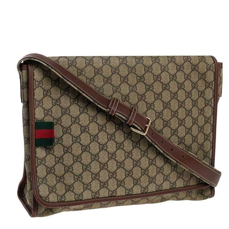 Pre Owned Gucci Beige/Brown GG Supreme Canvas and Leather Web Messenger Bag