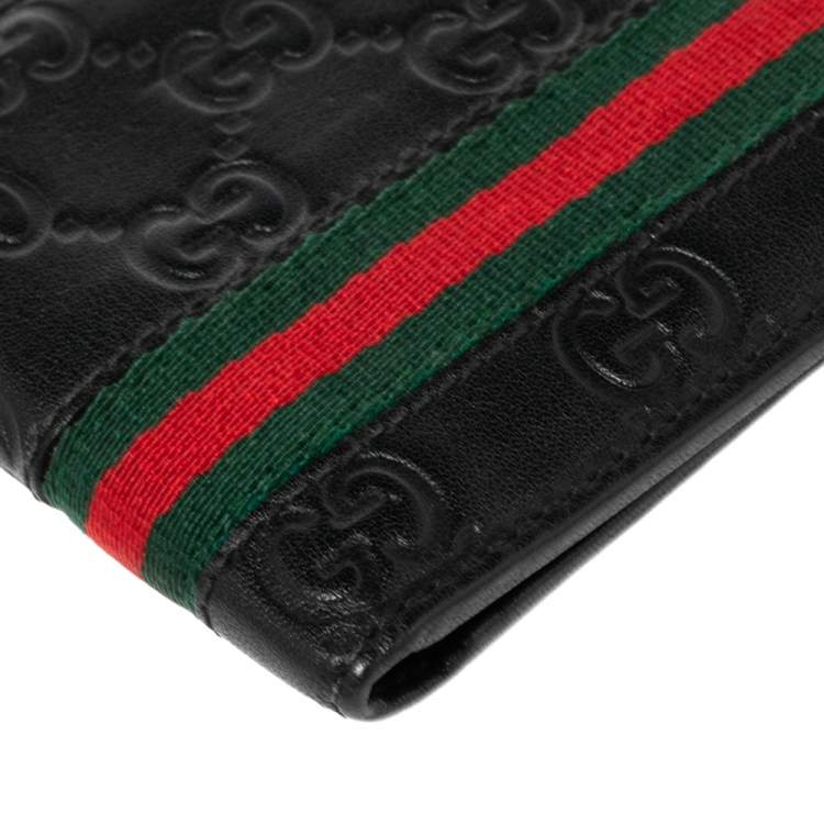 Pre Owned Gucci Black Guccissima Leather Web Bifold Wallet