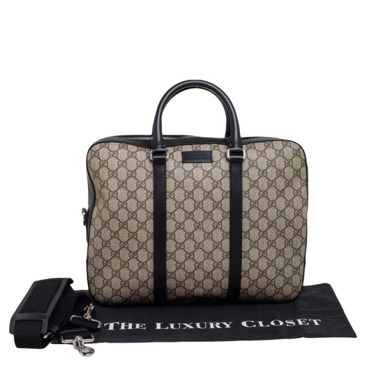 Pre Owned Gucci Black/Beige GG Supreme and Leather Briefcase