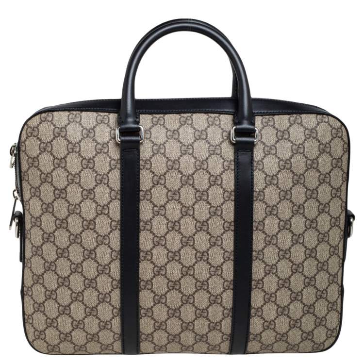 Pre Owned Gucci Black/Beige GG Supreme and Leather Briefcase