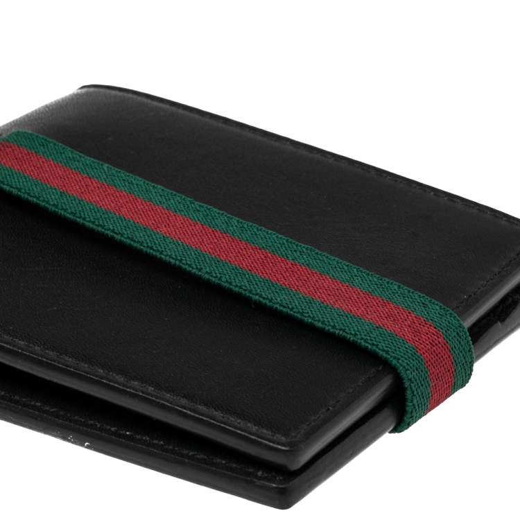 Pre Owned Gucci Black Leather Web Elastic Wallet