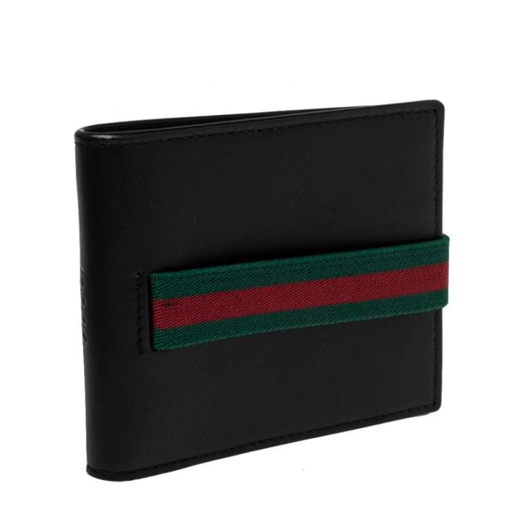 Pre Owned Gucci Black Leather Web Elastic Wallet