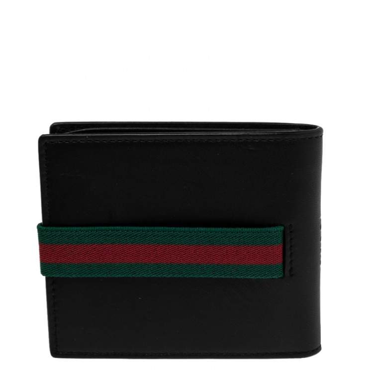 Pre Owned Gucci Black Leather Web Elastic Wallet