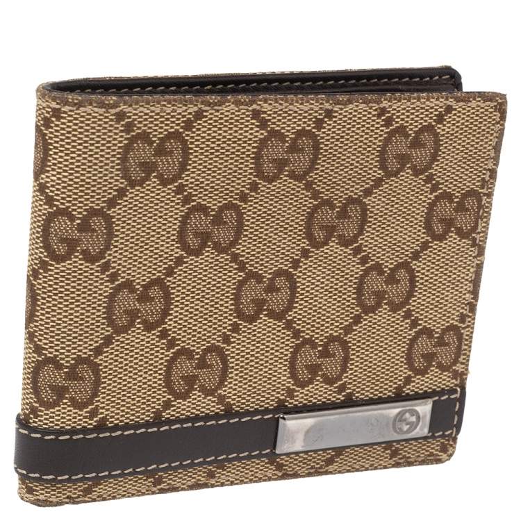 Pre Owned Gucci Beige/Brown GG Canvas And Leather Bar Bifold Wallet