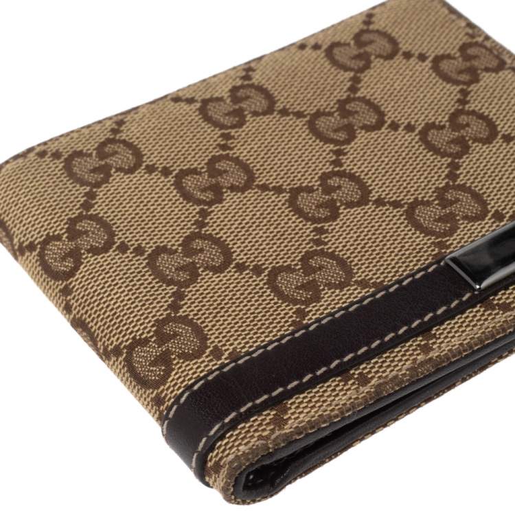 Pre Owned Gucci Beige/Brown GG Canvas And Leather Bar Bifold Wallet