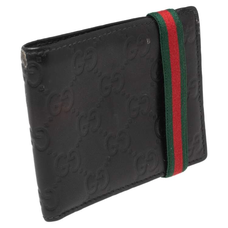 Pre Owned Gucci Black Guccissima Leather Web Bifold Wallet
