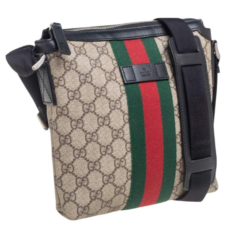 Pre Owned Gucci Beige/Black GG Supreme Canvas and Leather Vintage Web Messenger Bag