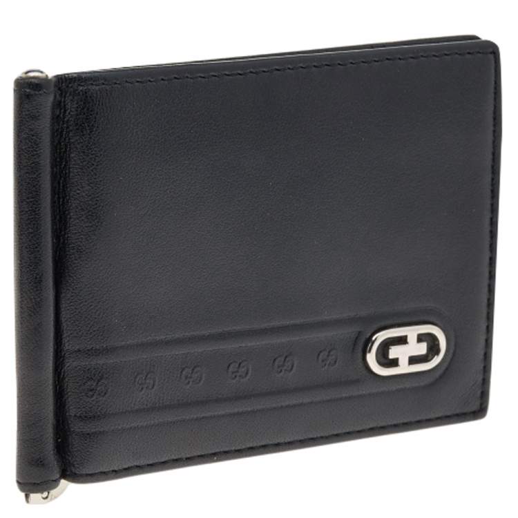Pre Owned Gucci Black Leather Money Clip Bifold Wallet 
