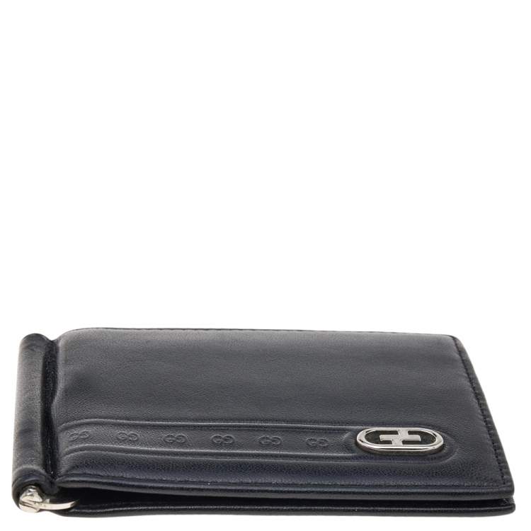 Pre Owned Gucci Black Leather Money Clip Bifold Wallet 