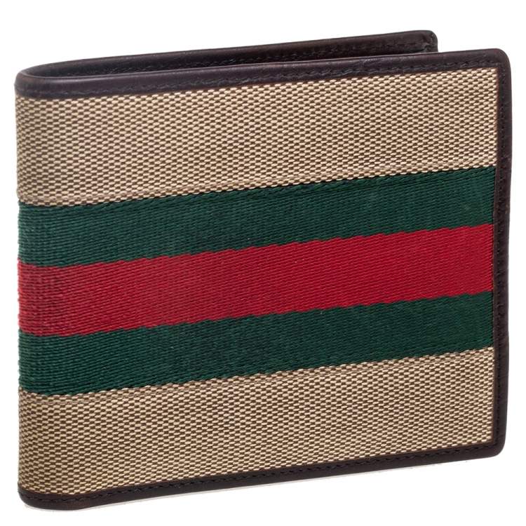 Pre Owned Gucci Brown Leather and Canvas Web Bifold Wallet