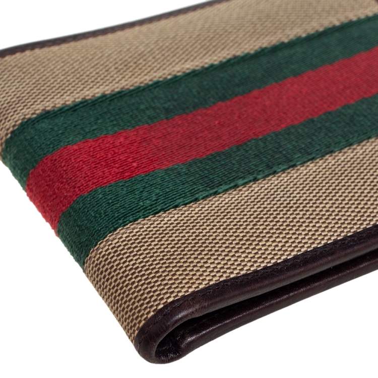 Pre Owned Gucci Brown Leather and Canvas Web Bifold Wallet