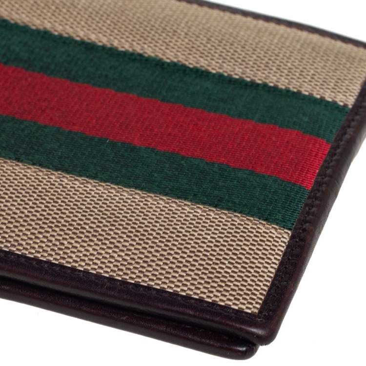 Pre Owned Gucci Brown Leather and Canvas Web Bifold Wallet
