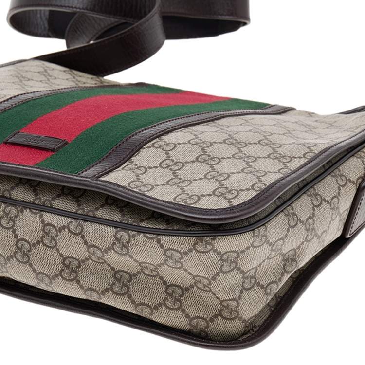 Pre Owned Gucci Beige/Brown GG Supreme Canvas And Leather Web Detail Messenger Bag