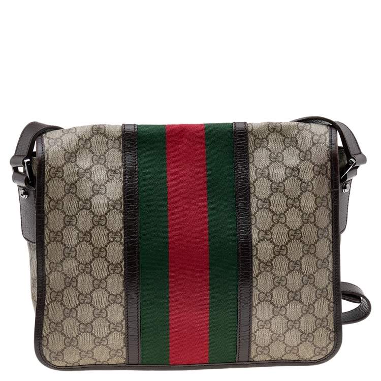 Pre Owned Gucci Beige/Brown GG Supreme Canvas And Leather Web Detail Messenger Bag