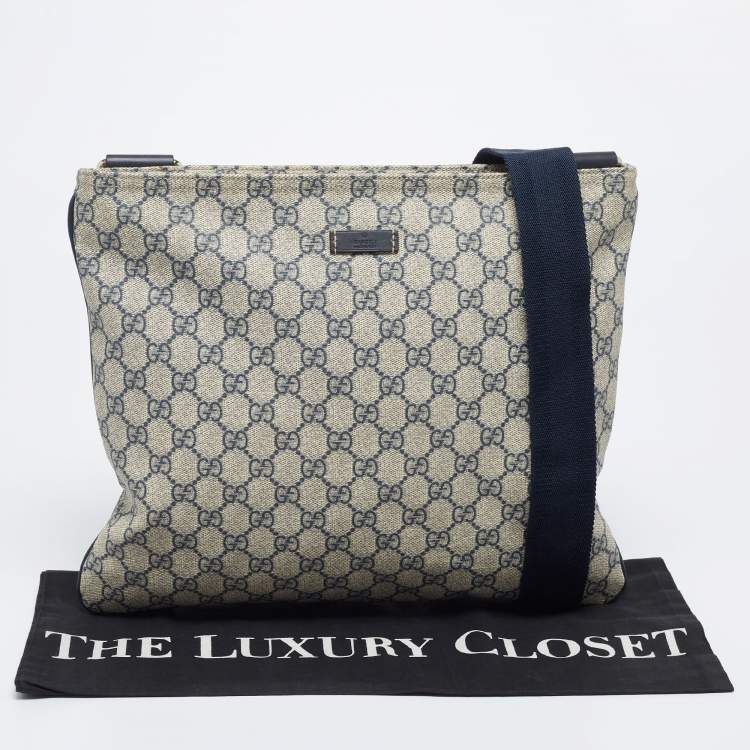 Pre Owned Gucci Navy Blue/Beige GG Supreme Canvas Top Zip Messenger Bag