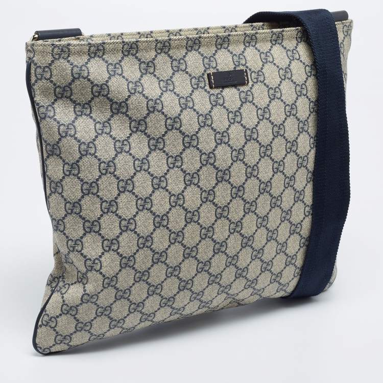 Pre Owned Gucci Navy Blue/Beige GG Supreme Canvas Top Zip Messenger Bag
