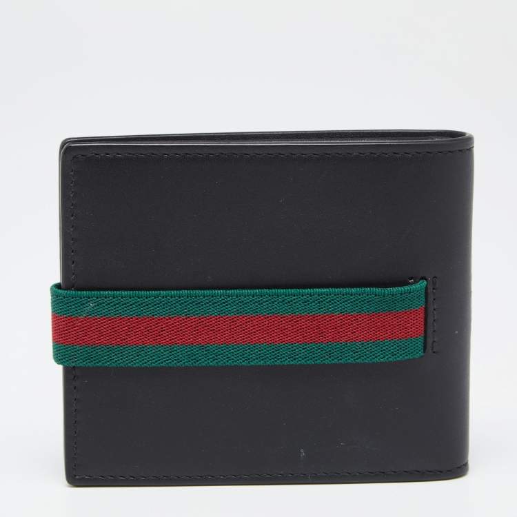 Pre Owned Gucci Black Leather Web Elastic Wallet
