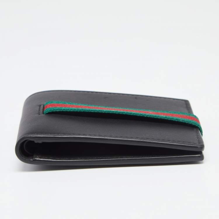 Pre Owned Gucci Black Leather Web Elastic Wallet