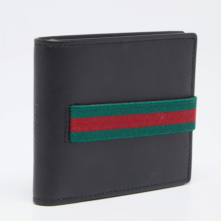 Pre Owned Gucci Black Leather Web Elastic Wallet