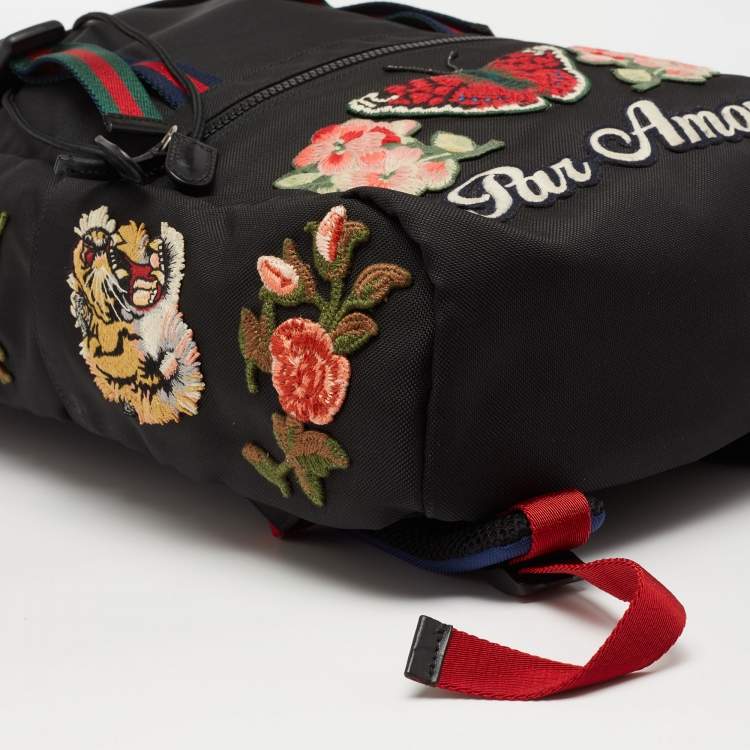 Pre Owned Gucci Black Canvas Embroidered Backpack 