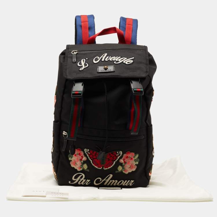 Pre Owned Gucci Black Canvas Embroidered Backpack 
