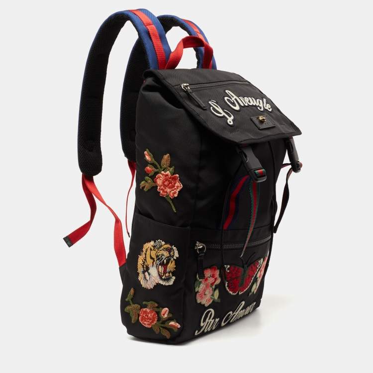 Pre Owned Gucci Black Canvas Embroidered Backpack 