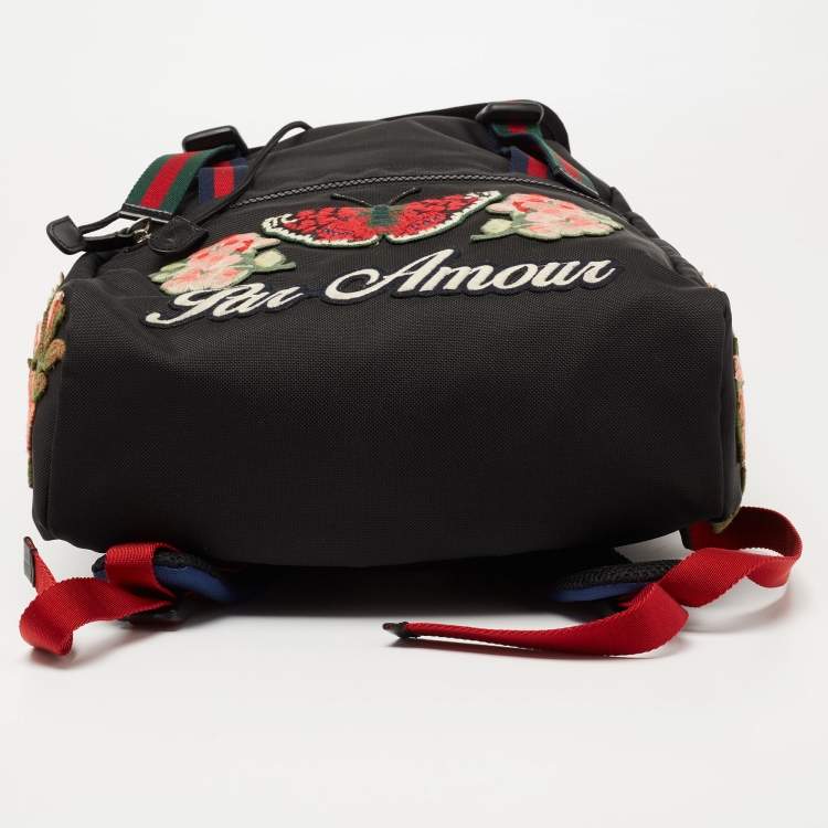 Pre Owned Gucci Black Canvas Embroidered Backpack 