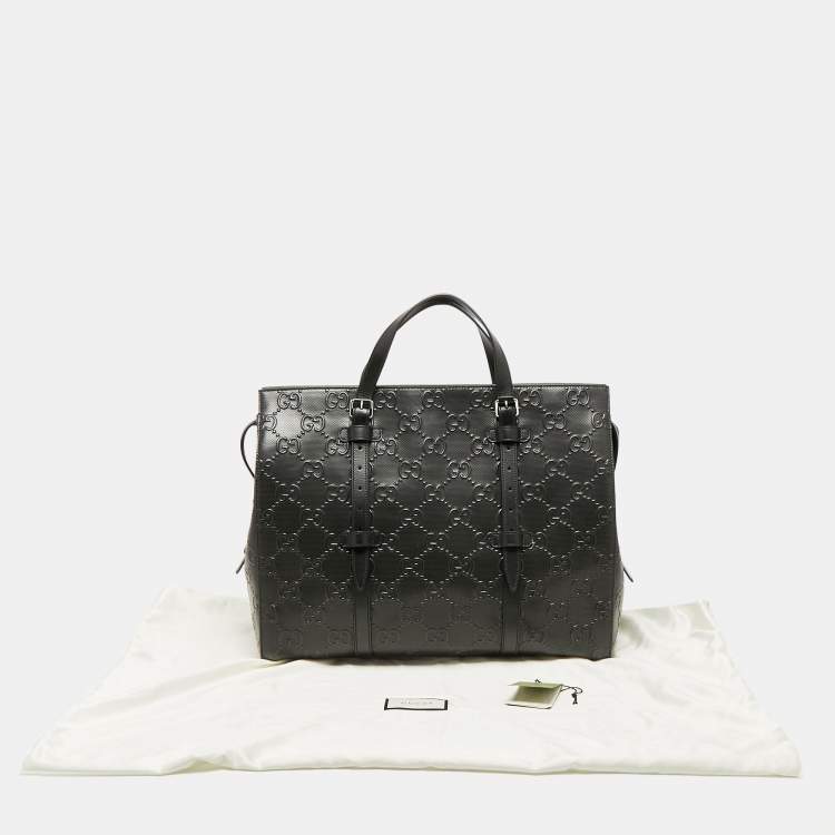 Pre Owned Gucci Black Perforated GG Embossed Leather Tote