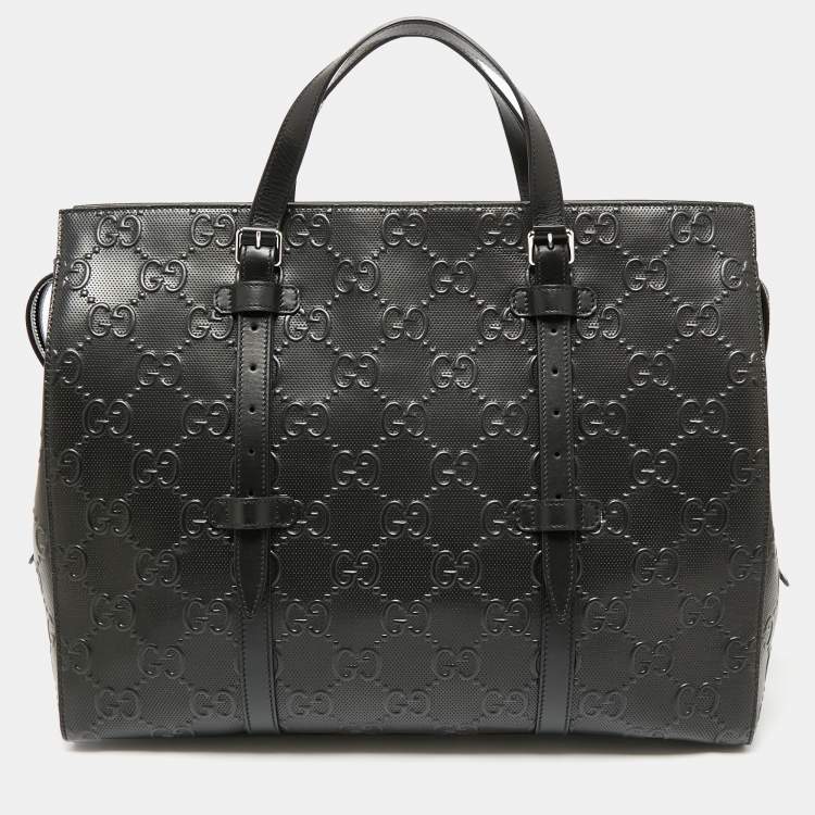 Pre Owned Gucci Black Perforated GG Embossed Leather Tote
