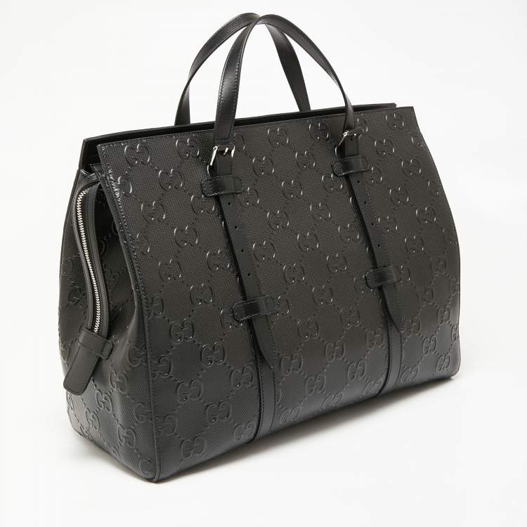 Pre Owned Gucci Black Perforated GG Embossed Leather Tote