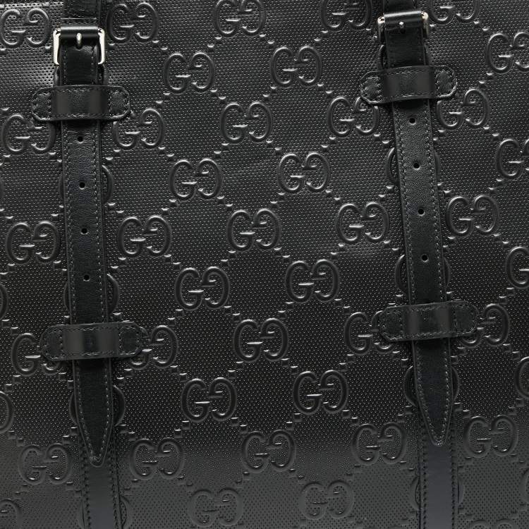 Pre Owned Gucci Black Perforated GG Embossed Leather Tote