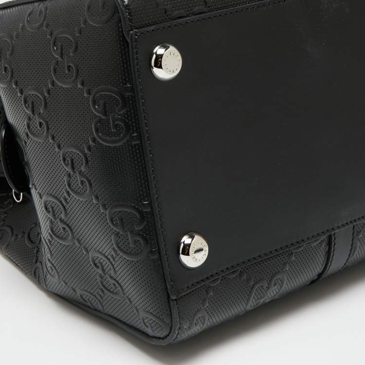 Pre Owned Gucci Black Perforated GG Embossed Leather Tote