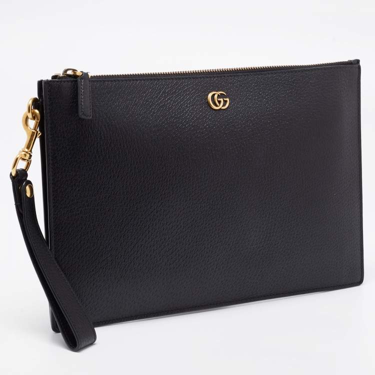 Pre Owned Gucci Black Leather GG Marmont Wristlet Pouch 
