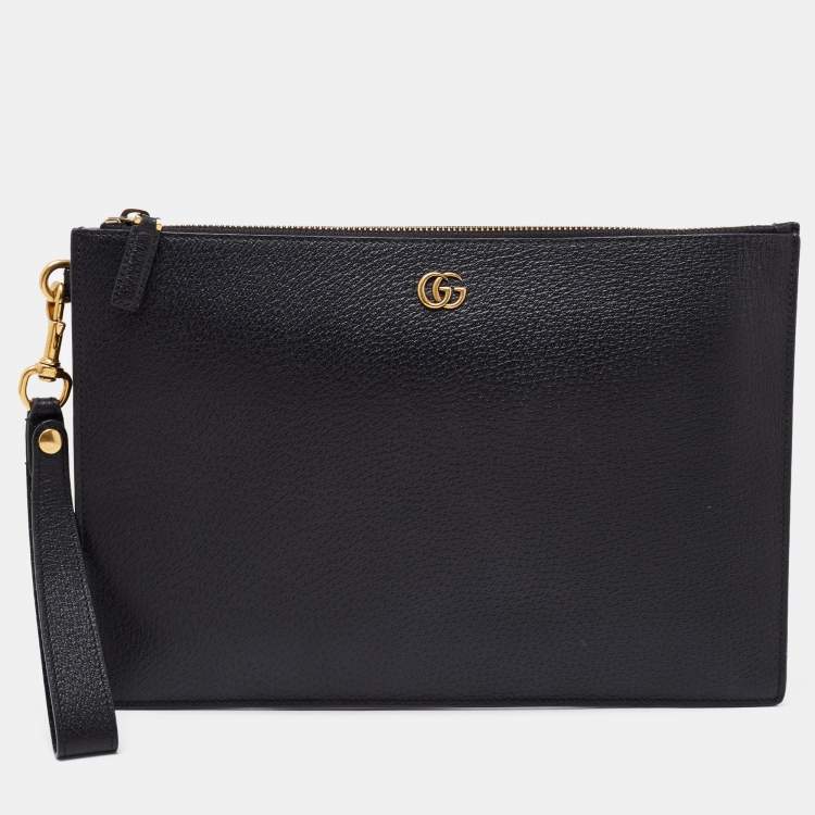 Pre Owned Gucci Black Leather GG Marmont Wristlet Pouch 