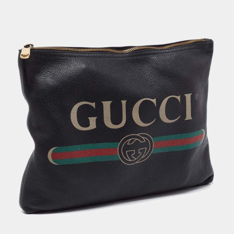 Pre Owned Gucci Black Leather Logo Print Zip Pouch