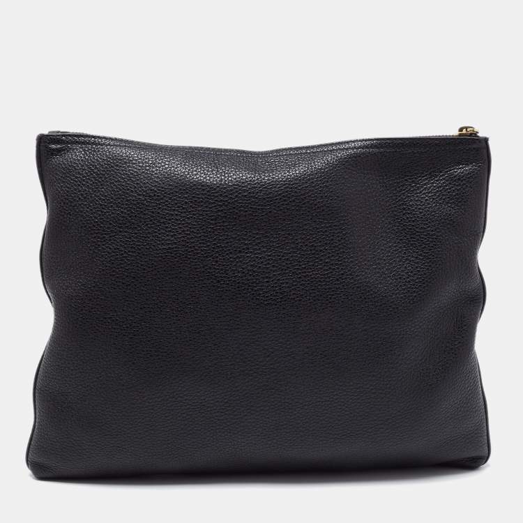 Pre Owned Gucci Black Leather Logo Print Zip Pouch