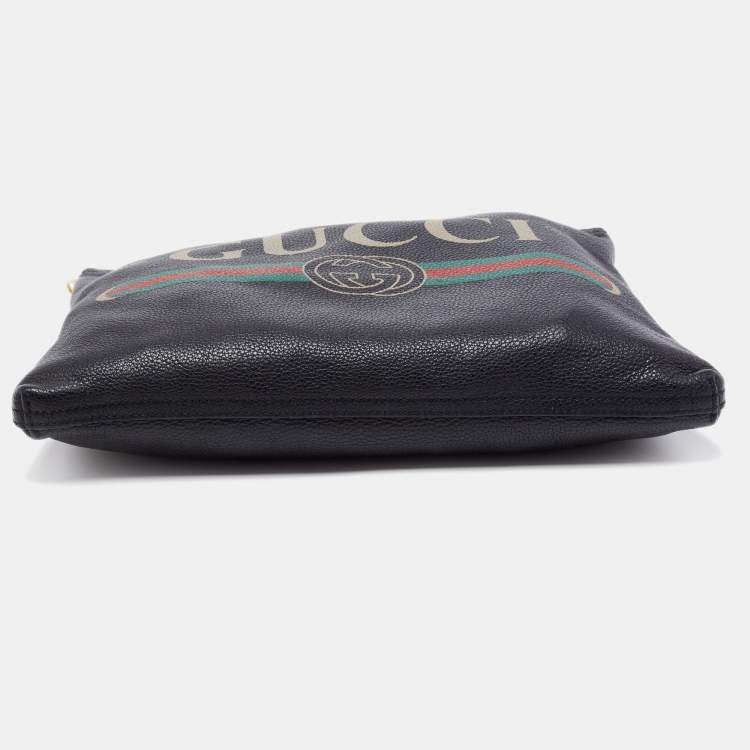 Pre Owned Gucci Black Leather Logo Print Zip Pouch