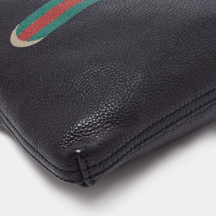 Pre Owned Gucci Black Leather Logo Print Zip Pouch