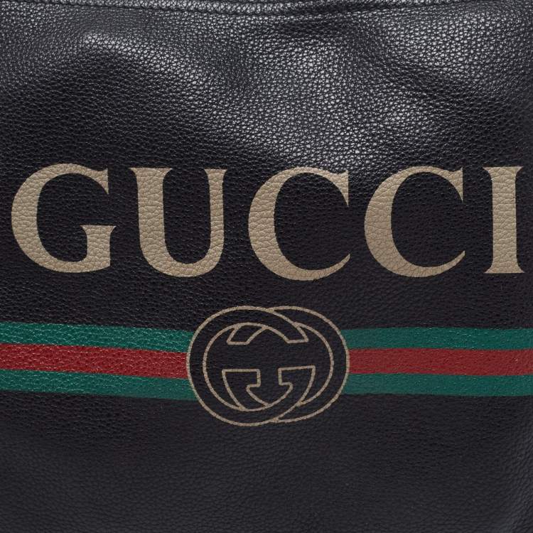Pre Owned Gucci Black Leather Logo Print Zip Pouch