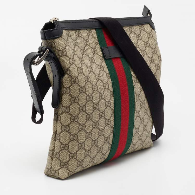 Pre Owned Gucci Beige/Black GG Supreme Canvas And Leather Web Messenger Bag