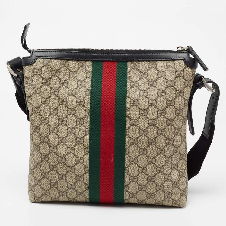 Pre Owned Gucci Beige/Black GG Supreme Canvas And Leather Web Messenger Bag