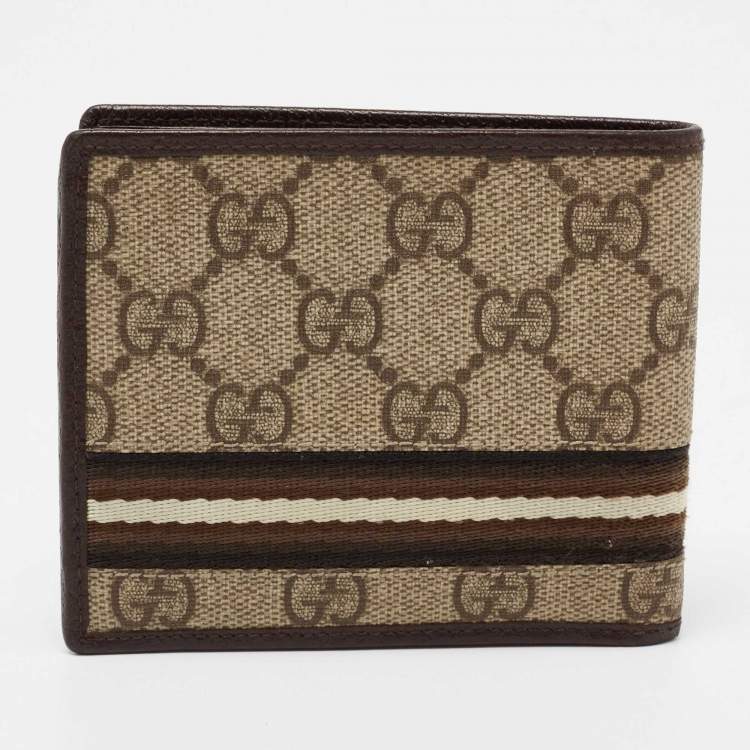 Pre Owned Gucci Beige GG Supreme Canvas and Leather Web Bifold Wallet