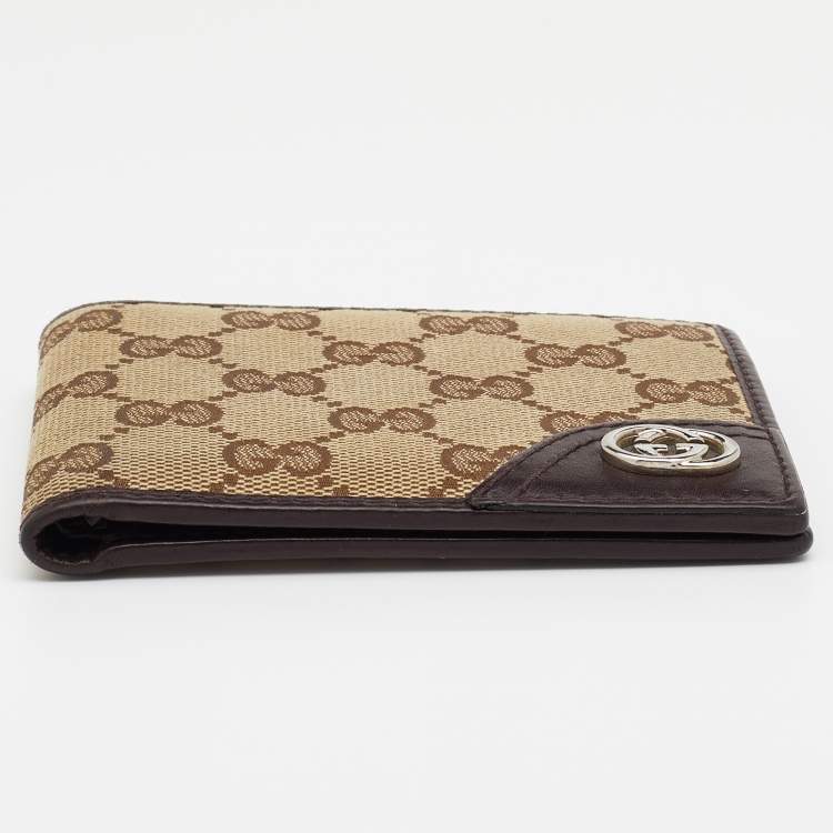 Pre Owned Gucci Beige/Brown GG Canvas and Leather Bifold Wallet
