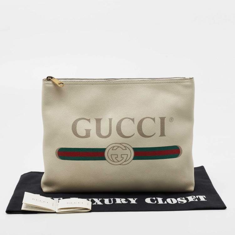 Pre Owned Gucci White Leather Logo Print Zip Pouch